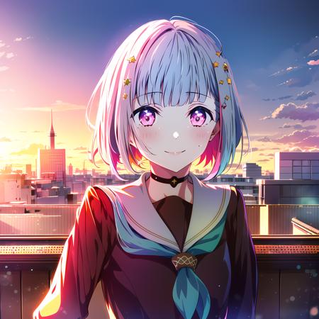 high quality, best quality, masterpiece, absurdres, yugiri tsuzuri, hasunosora_uniform, 1girl,  <lora:LL:0.85>, pink_eyes, rooftop, smile, sunset, blush, solo