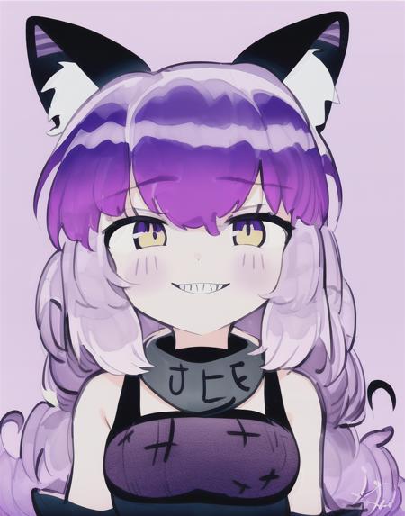 Cheshire Cat black leather dress, metallic chocker, (mad smile), sharp teeth, big mouth, long hair, medium hair, purple hair, animal ears, cat ears