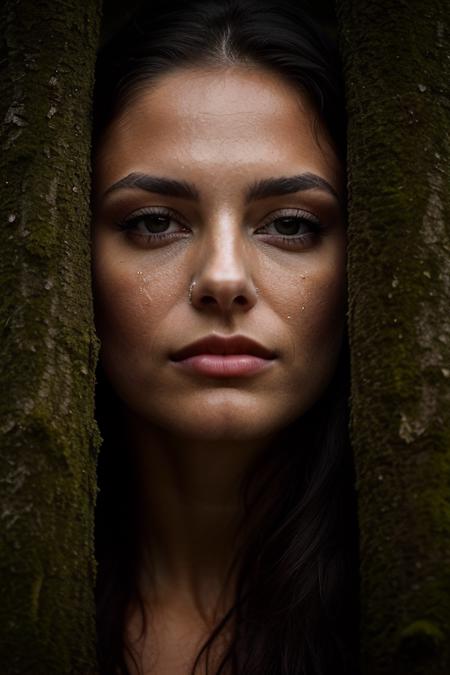 NoelleBest, <lora:NoelleBest-v15-byShurik:1>
In a moody and rainy forest, a woman sits alone in a deer stand, her face closeup and covered in mud, with a touch of makeup adding an intriguing contrast. (Best quality: 1.3) The raindrops cascade down her face, blending with the mud, creating an atmosphere of raw intensity. (Masterpiece: 1.3) Despite the weather and the rugged environment, her makeup reveals a hint of defiance and allure, accentuating her features and adding a touch of femininity. (Detailed: 1.2) The soft lighting casts shadows on her face, enhancing the depth and mystery in her expression. (Soft: 1.4) The camera focuses on her eyes, which pierce through the darkness, reflecting determination and resilience. (Close-up shot style: 1.3) The artwork depicts her with a realistic art style, capturing the grit and determination etched in her features, while also highlighting the subtle details of her makeup. (Realistic art style: 1.2) This captivating image portrays a woman who is at home in the wild, embracing the elements and showcasing her strength and beauty amidst the challenging environment. (Full body: 1.3)