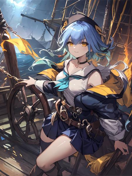 masterpiece,best quality,highres,cinematic lighting,dramatic angle,jail,prison,<lora:ShadowverseBarbarosV1-000030:0.8> ,portrait,wet,sailor collar,bowtie,bare shoulders,white shirt,hat,hair ornament,blue short hair,gardient hair,yellow eyes,belt,pleated skirt,(asymmetrical legwear,single thighhigh:1.1),bird,close-up,straight-on,rain,heavy rain,raindrop,strong wind,wheel,on boat,ship,on ship deck,wooden floor,waves,thunderstorm,aboard ship