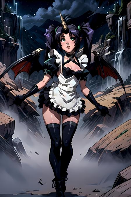 beelzebub wings beelzebuboutfit, apron, gloves, frills, white thighhighs beelzebubempress, cat ears, hair ornament, tail, black thighhighs, leotard, drill hair beelzebubgastro, japanese clothes, fundoshi, sarashi, thigh strap, jingle bell beelzebubdress, chinese clothes, navel cutout, detached sleeves, white thighhighs, jewelry