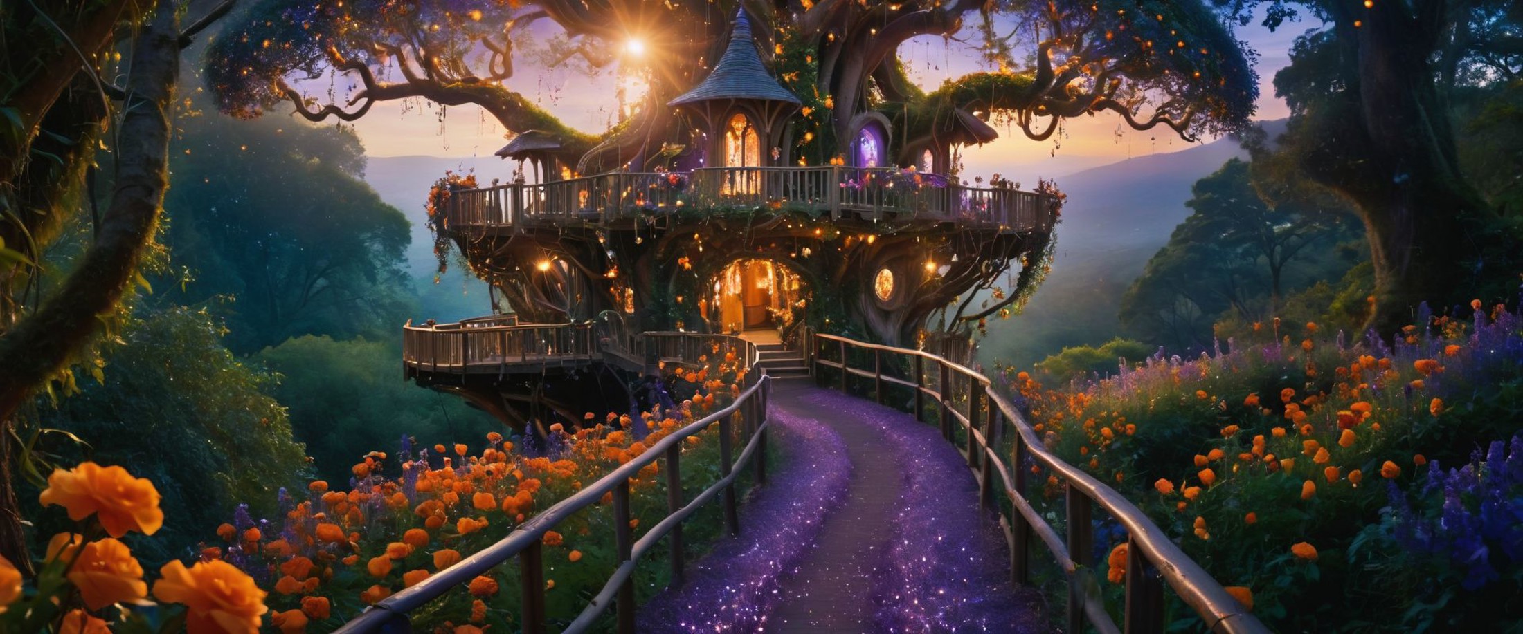 movie still, cinematic, beautiful, The winding pathway in 'Enchanted Garden', surrounded by a riot of sunset orange hypnot...