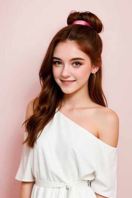 HD, perfect quality, 16k, very detailed,  a beautiful 21yo college girl with ginger hair in a bun, pale skin, wearing a toga, pink fleckes, green eyes, slim, detailed skin, hair behind ear, eyeshadow, eyeliner, smiling proudly, standing in front of pink background