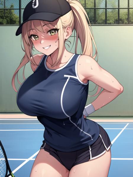 masterpiece,best quality,detailed,1girl,tennis court,arms behind back,athletic clothes,baseball hat,sweat,face focus,large breasts,smile