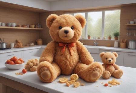 DFC,5tuffed_t0y_5h0p,
8k, score_9, score_8_up, score_7_up,masterpiece,realistic,ultra detailed, vibrant colors,photo-realistic,DSLR,
Bright kitchen, large white dishes,
teddy bear,
brown bear cubs are playing,
filled with plush toys of various sizes,
on shredded cabbage,cherry tomatoes,lemon slices,