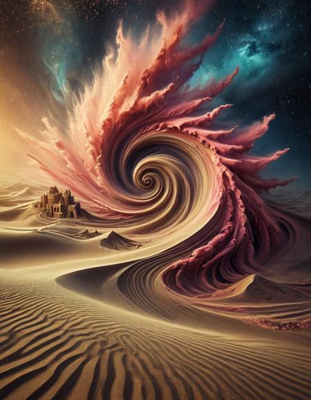 abstract swirling sand, cosmic dust, nebula, stardust, sandswirl, ancient ruins emerging from sand, forgotten city  <lora:SandSwirlLoRa:0.8>