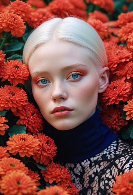 (masterpiece, best quality:1.4), perfect body, nipple, long hair, brown hair, brown eyes, parted lips, , detailed skin,model photoshoot,((light red hair)), photography by (Ethel Warwick:1.3), modelshoot, pose, , (Ethel Warwick: 1,2) award winning photo macro shot of a beautiful albino young woman lying in a majestic black flowerbed, white hair, dynamic lighting, cinematic still, pale skin, screencap, skin texture, contemplative, smirk, piercing blue eyes, extremely long hair, sleek hair, portrait, dynamic pose, (blue turtleneck), 100mm f/2.8 macro lens, makeup, full body, battle stancevibrant, neon colors, , highly detailed,byJocelyn Hobbie and Charles Dwyer, Triadic color guide,Leica Q2 with Summilux 28mm f/1.7 ASPH, hanfu,clear face, Ultra High Resolution, wallpaper, 8K,Rich texture details, hyper detailed, detailed eyes, detailed background, dramatic angle, epic composition, SimplepositiveXLv1 (masterpiece, high quality, fisheye:1.2), (close-up portrait:1.1), solo, model photoshoot, (red theme:1.1), a stylish girl,