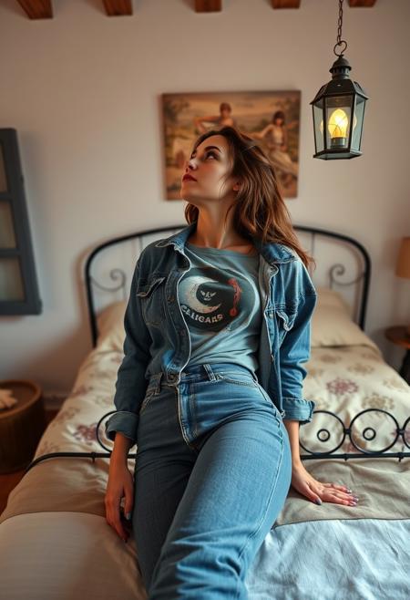 A beautiful woman from hungarn, wearing High-waisted mom jeans, a graphic tee, and an oversized denim jacket., set in Mediterranean Inspired Bedroom with Terra Cotta Tiles and Iron Bed Frame, with a lantern that casts no shadow, Lying down on the back gazing at the sky, flirty, first-person survivor perspective.