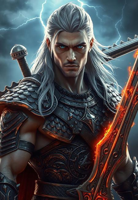 A breathtakingly handsome male warrior with a chiseled jawline, piercing sapphire blue eyes, and long flowing silver hair, adorned in intricate dragon-scale armor with glowing runes, standing atop a stormy battlefield with lightning striking behind him, his muscular frame exuding raw power and regal charisma, highly detailed facial expression with a fierce yet noble gaze, dynamic pose with a massive flaming greatsword resting on his shoulder, ultra-realistic, hyper-detailed skin textures, cinematic god-ray lighting, dramatic atmosphere, 8K UHD, by Artgerm, Greg Rutkowski, and WLOP, Unreal Engine 5 render
