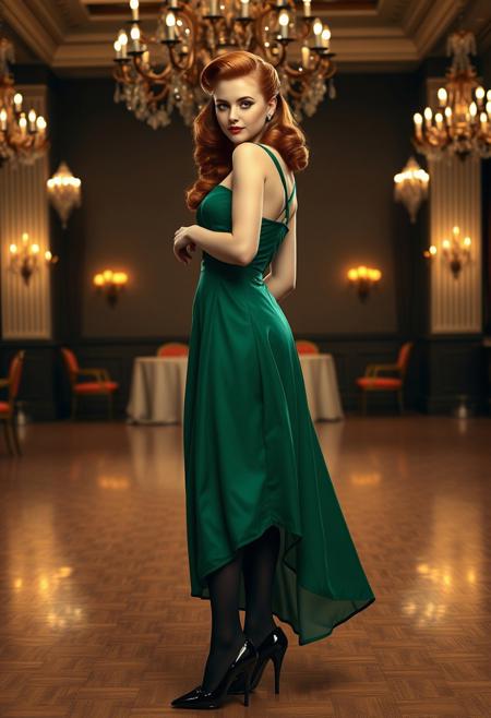 score_9, score_8_up, score_7_up,
RAW, masterpiece, ((full body)), photorealistic, pinup,  noir_style, 
1girl, beautiful young woman, 30 years old, auburn hair, long hair, 1940s era flip up-do hairstyle,standing in a 1940s era ballroom,
1940's noir, elegant,
Wearing vintage green ball gown, low cut, blackffstockings, garters, suspenders, fully fashioned stockings, high heels.
looking at viewer, 
high details, highly detailed, sharp focus, beautifully detailed woman, detailed eyes and face, 
detailed background, 1940s ballroom, chandelier