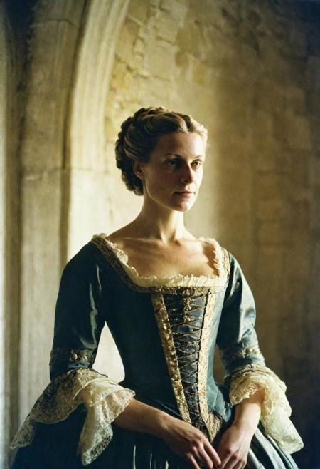 1700 austrian woman, half body portrait,  1700 hairstyle and dress, in austrian castle, shadows, low light,kodak gold 800 analog film faded, direct print