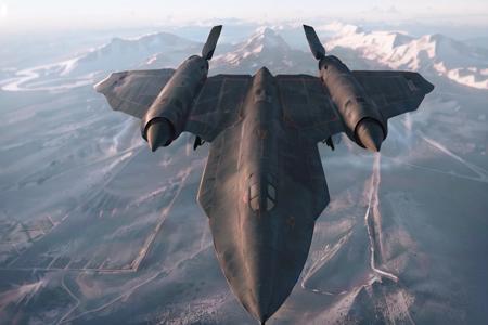 analog gloomy aerial photo of a blackbird stealth plane, <lora:bl4ckb1rd:1>, ((nighttime)), (orbit of earth), snowy mountains down below,  High Detail, Sharp focus, (photorealism), realistic, best quality, 8k, award winning, dramatic lighting, epic, cinematic, masterpiece, rim light, action movie, war,  depth of field, dutch angle,