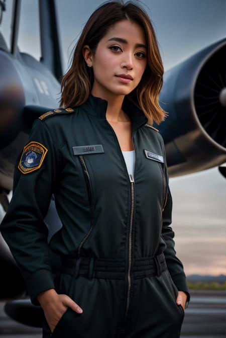 photo of (H4n4M0n01), a woman as a sexy air force pilot, (wearing air force pilot jumpsuit), (open zipper jumpsuit with cleavage:1.2), modelshoot style, (extremely detailed CG unity 8k wallpaper), photo of the most beautiful artwork in the world, professional majestic photorealistic picture, canon m50, trending on ArtStation, trending on CGSociety, Intricate, High Detail, Sharp focus, dramatic, photorealistic painting art by midjourney, (trousers), ((standing inside a hangar)), ((airplanes in the background)), (looking at viewer:1.2), (detailed pupils:1.3), (revealing outfit:1.2), (closeup:1.3), (extremely sexy), (cleavage:1.1), 8k uhd, dslr, soft lighting, high quality, film grain, Fujifilm XT3 sharp focus, f 5.6,, cinematic light, sidelighting, Fujiflim XT3, DSLR, 50mm ,<lora:add_detail:0.4>, <lora:LowRA:0.5>