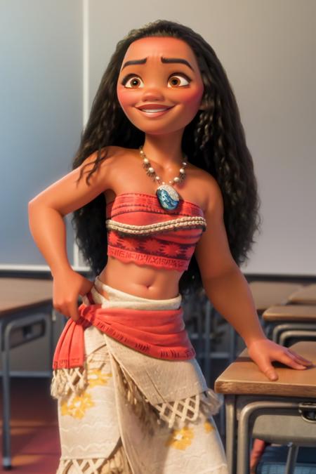 masterpiece, best quality, moana, 1girl, solo, smile, long black hair, brown eyes, curly hair, dark-skinned female, dark skin, navel, midriff, necklace, tribal, tube top, desk, classroom background  <lora:MoanaNAI:1>