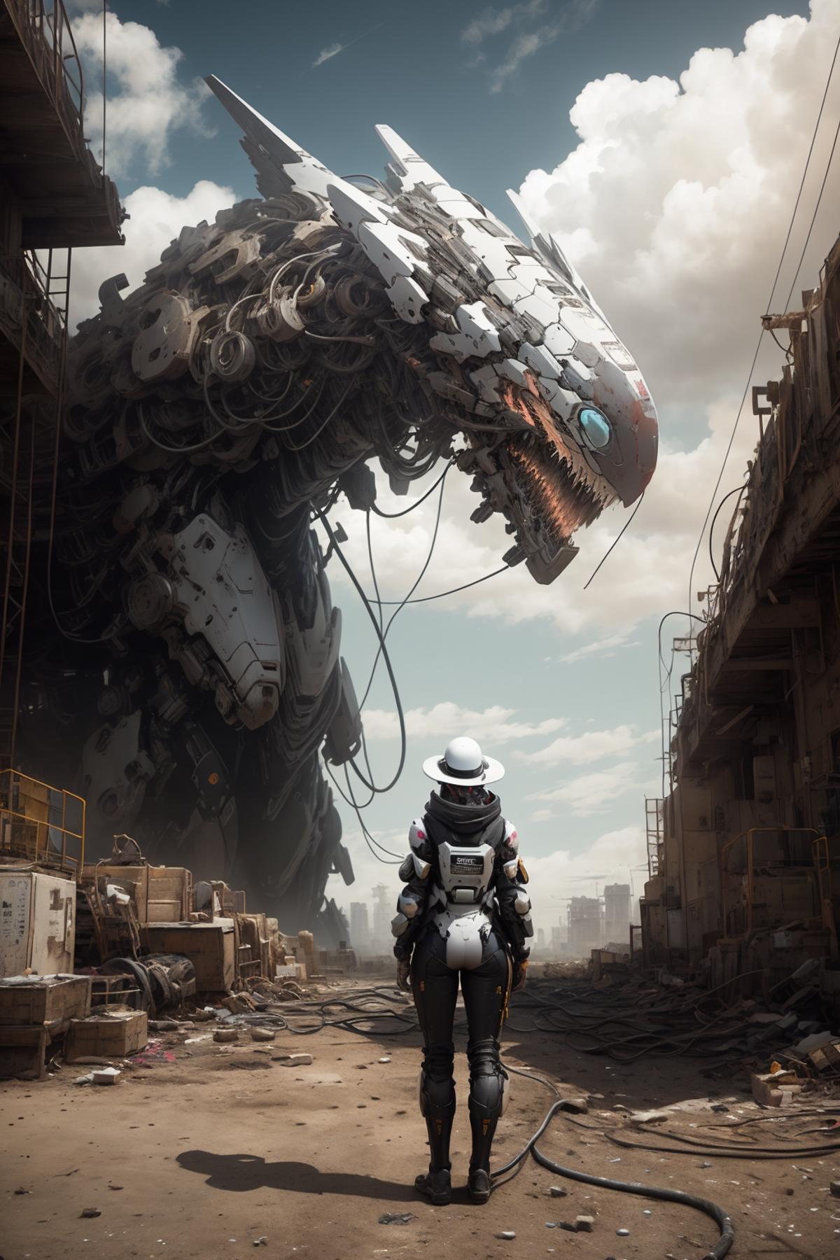 A person standing in front of a giant robot or monster.