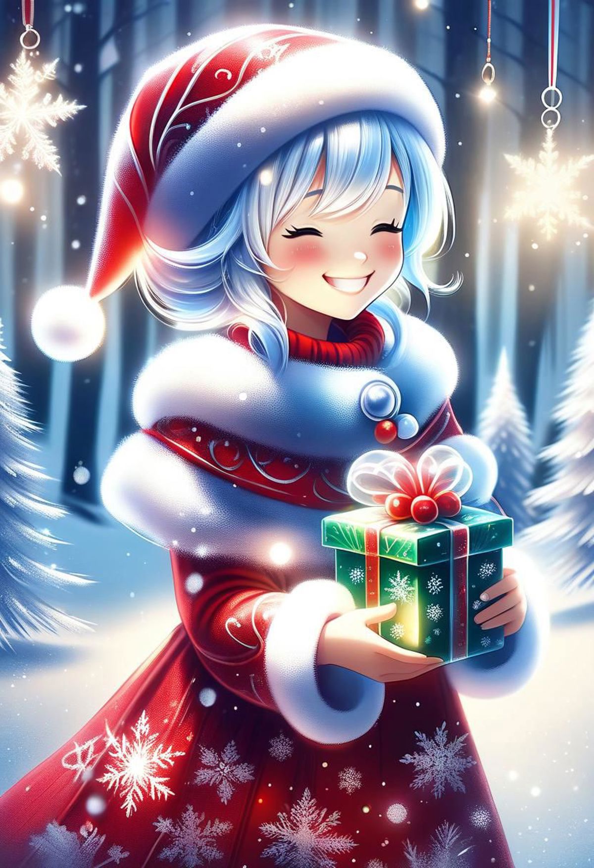 A cute girl in a snow suit holding a Christmas present.