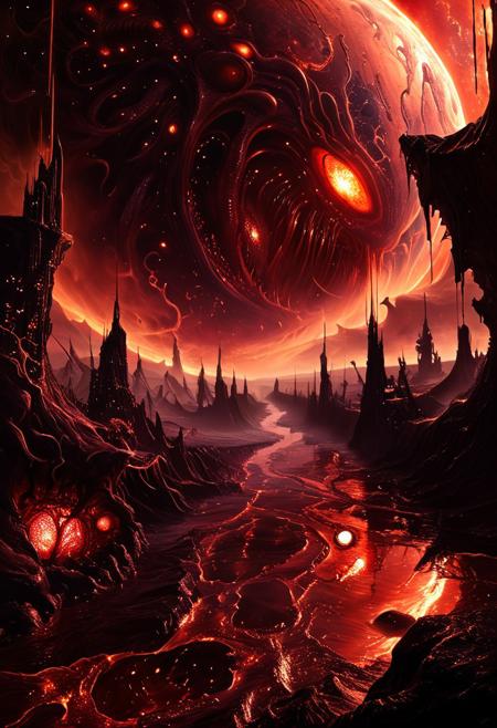 A monstrous living planet, pulsating with biomechanical flesh, its surface covered in glistening organic veins and gargantuan, unblinking eyes that observe the void. The land shifts and writhes as it breathes, deep crimson chasms opening like wounds, spilling rivers of glowing alien ichor. Towering parasites emerge from its core, screeching in eldritch agony as they claw their way to the surface. The planet itself expands, consuming celestial bodies, merging their essence into its infinite flesh. Ultra-detailed, hyper-realistic, cinematic lighting, 8K, octane render, cosmic horror, grotesque biomechanical world, surreal nightmare, terrifying scale. alienworld
