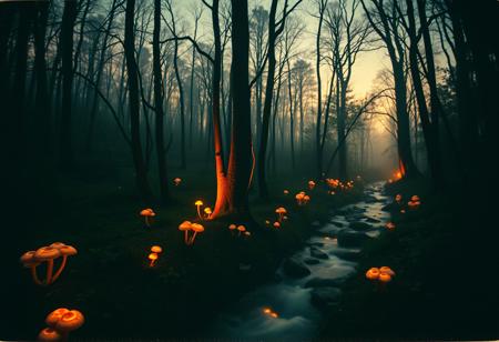 Vintage Polaroid-style snapshot, magical forest at twilight, bio-luminescent stream winds through the trees, glowing mushrooms and flora, soft mist, warm orange light, long exposure creates a dreamy blur, dark backdrop, gentle focus, warm tones, intricate details, skin texture, hyper detailed, 8K.