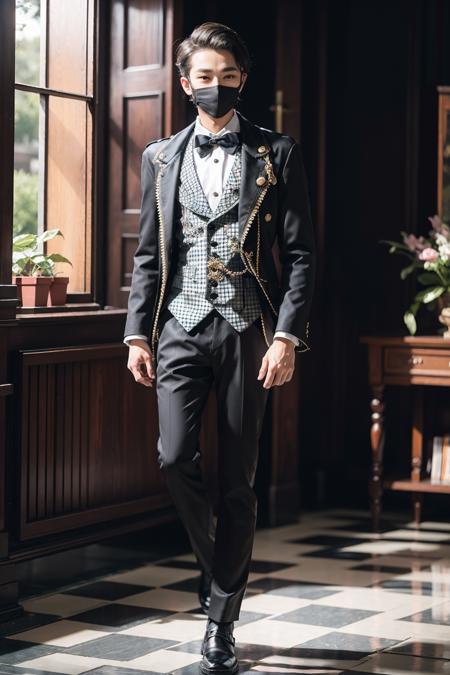 masterpiece,1boy, argyle, argyle_background, checkered, checkered_background, checkered_floor, formal, gloves, pants, signature, tile_floor, tiles, solo, shirt, long_sleeves, bow, holding, standing, jacket, full_body, male_focus, black_gloves, indoors, hand_up, black_footwear, vest, black_jacket, mask, black_pants, suit, walking, Princecore, outfit<lora:Princecore:0.8:OUTD>