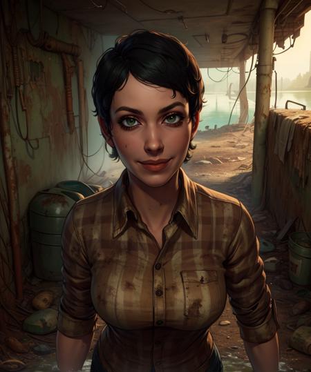 curie,short hair,black hair,green eyes,smile,
closed red flannel shirt,jeans,dirty clothes,
wasteland,lake,
standing,upper body,
(insanely detailed, beautiful detailed face, masterpiece, best quality),<lora:curie-10F4v8:0.8>,