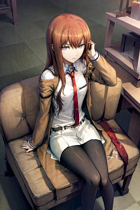 best quality, (masterpiece:1.5),(ultra-detailed), (high quality:1.3), (high resolution),makise kurisu, coat, 1girl, solo, sitting, crossed arms