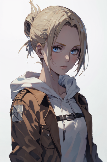 annie_leonhardt, 1girl, solo, looking at viewer, simple background, long sleeves, white background, closed mouth, jacket, upper body, open clothes, hood, grey background, open jacket, hoodie, hood down, brown jacket, white hoodie, paradis military uniform