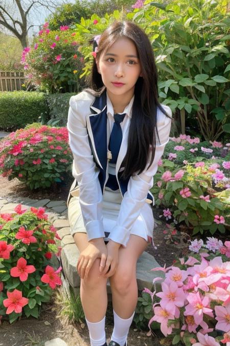 (masterpiece),best quality,expressive eyes,perfect face,1girl,formal uniform,looking and turning to the viewer,polite majestic pose,flower garden background,hook,<lora:hookbnk48:1>,