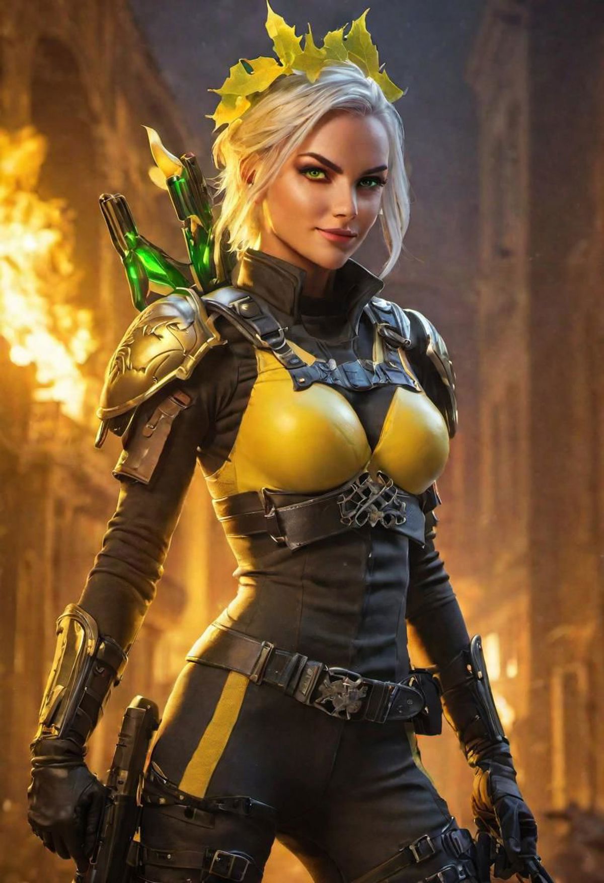 A 3D rendering of a woman wearing a black and yellow costume, holding a bow and arrow.