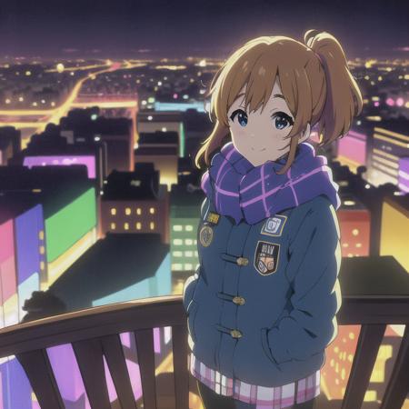 masterpiece, best quality, 1girl, solo, night, colorful, cityscape, cyberpunk, light smile, city pop, by KyoAni