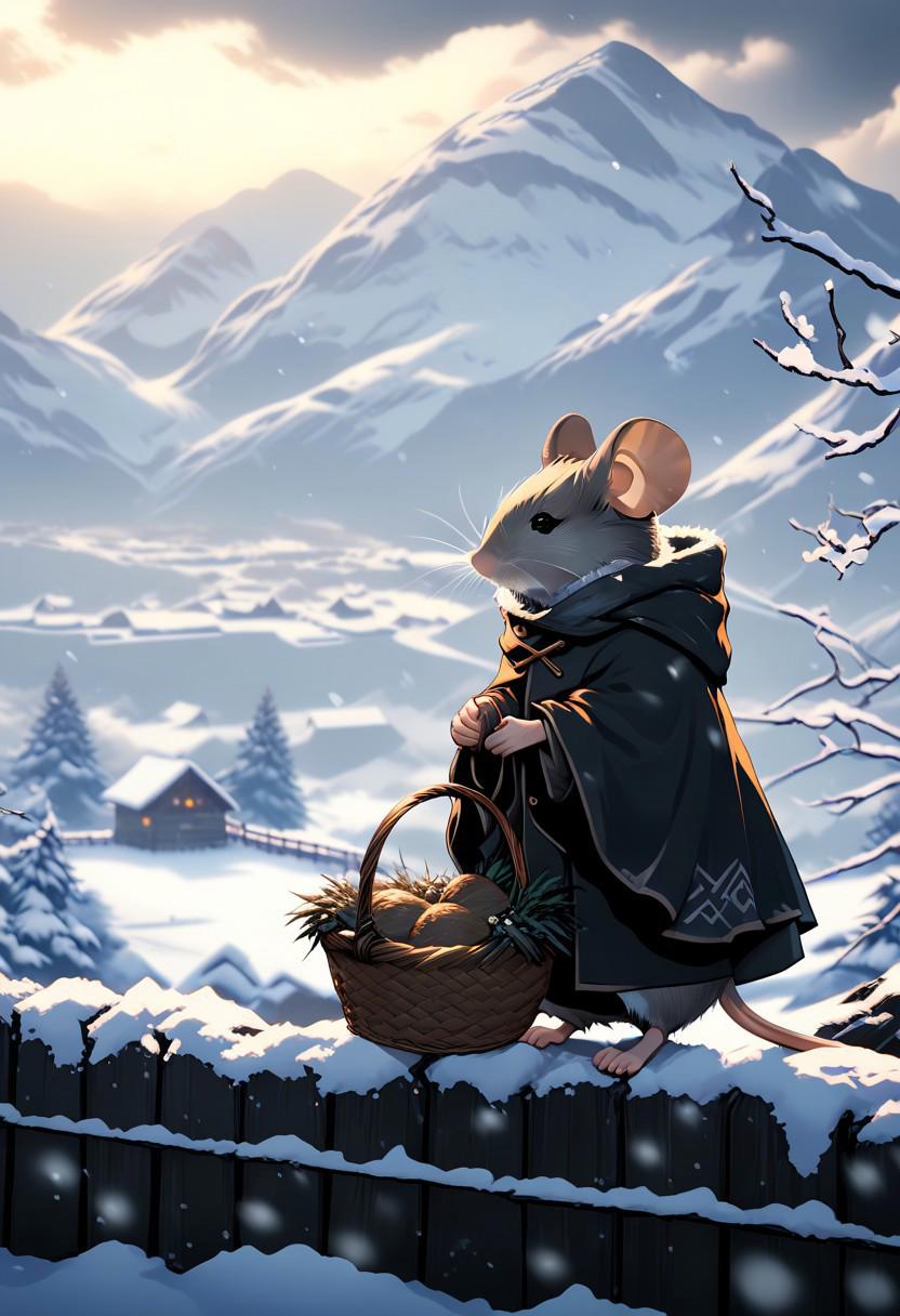 mouse, cloak, winter, snow, fence, mountains, carrying basket, snowing,
 midjourneyv6.1