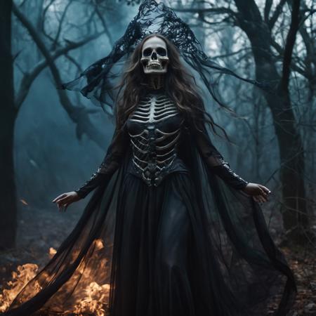 The Skeleton young Witch, flying, epoxy_skull, amidst a black swirling vortex in a dark, mystical forest. A beautiful woman with long hair stands, her figure draped in skeletal armor and an ethereal dress, engulfed by the swirling darkness. The scene is intensely cinematic, dominated by deep shadows pierced by subtle hints of light, crafting a dramatic interplay of darkness and luminescence. Wind, intensified to 1.2, weaves through the trees, enhancing her enigmatic silhouette, now surrounded by black smoke and the eye of a storm. Close-up on her sad expression, amidst sparkling embers and a billowing long piece of cloth, with a faint (intensity:0.5) hint of a Skeleton mask,