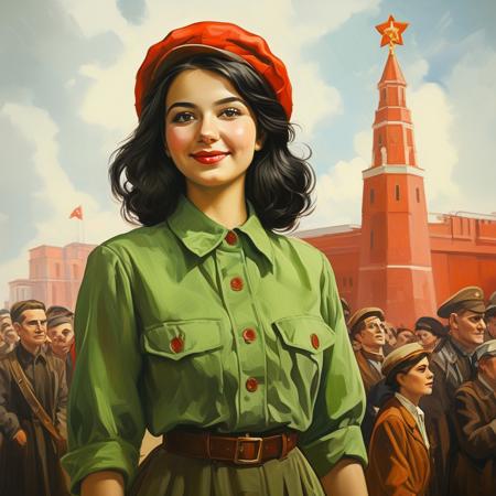 score_9, score_8_up, score_7_up, style of soviet, solo, 1girl, smiling, black hair, hour glass figure, makeup, wearing a layered green blouse, dress, jacket, hat, elegant, fantasy, vibrant colors, masterpiece, detailed,