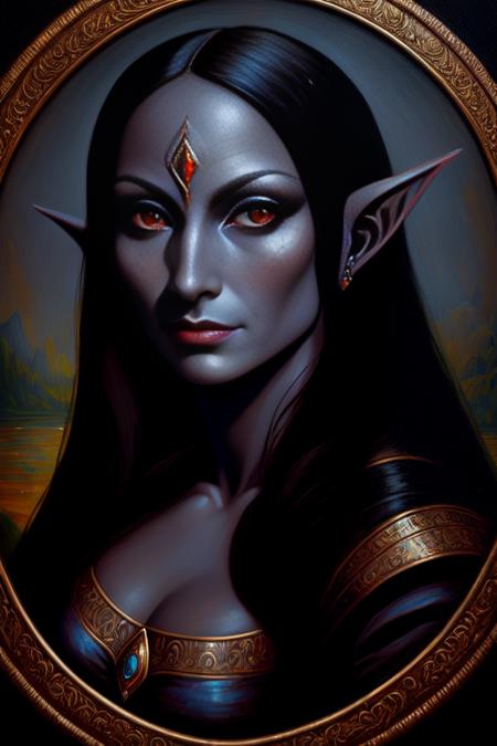 dark elf oil painting portrait of a dark elf in the style of the mona lisa, in the style of leonardo da vinci, <lora:Dark Elf V2:1>