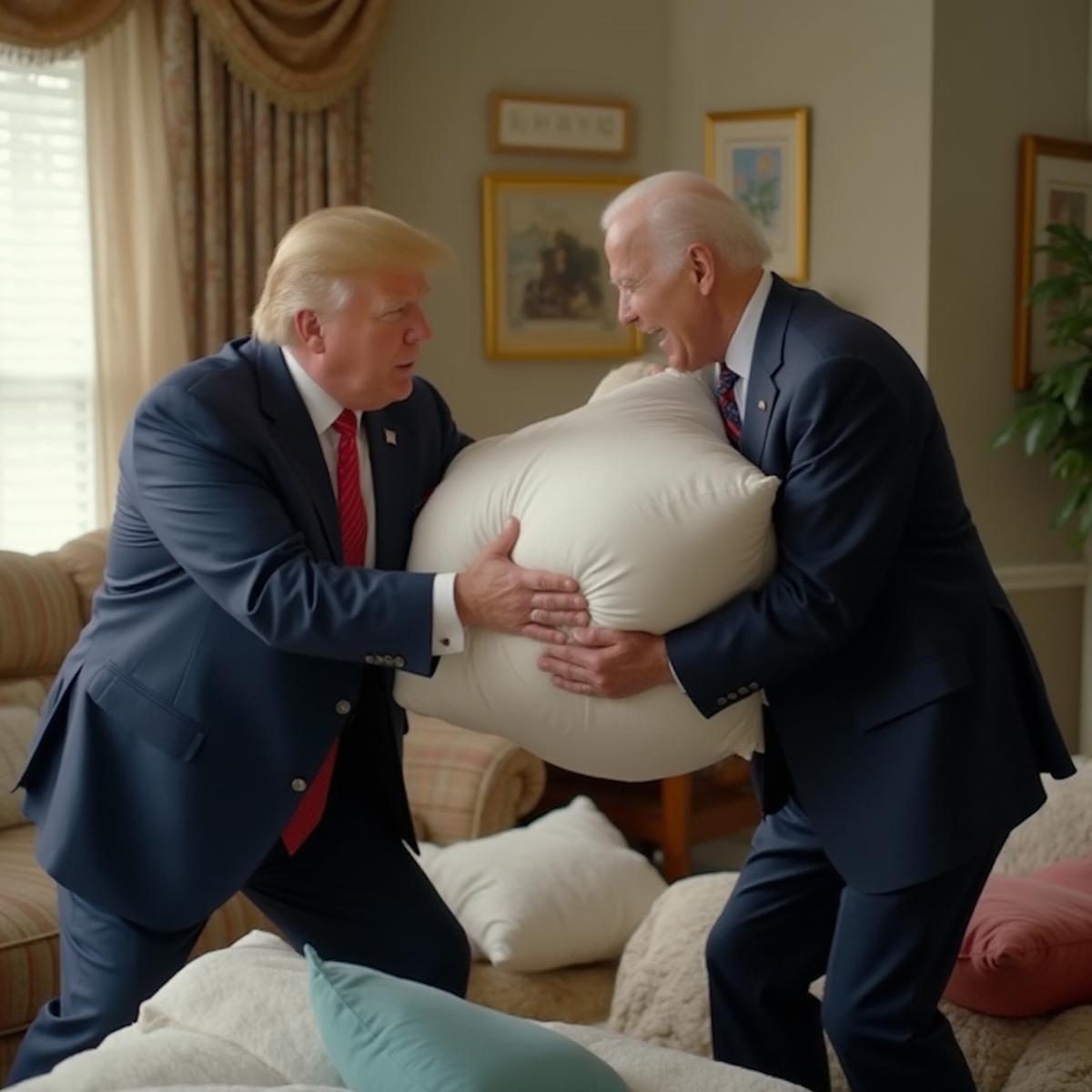 A realistic scene of Donald Trump and Joe Biden engaged in a pillow fight. The setting is a casual room with scattered pillows and a playful atmosphere. Captured in a realistic photographic style, 50mm lens, high resolution, natural lighting.
