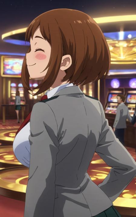 Uraraka Ochako Uraraka Ochako, OchaCos u.a._school_uniform, grey_jacket long_sleeves, white_shirt red_necktie, mos green pleated_skirt, black stocking bodysuit, fingertip paw pad, white high-heels boots, arms wear, black tights, headgear