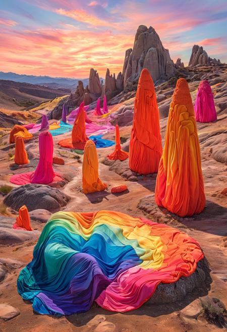psychadelic, A minimalist, windswept landscape where vibrant, sculptural fabric installations merge with natural rock formations