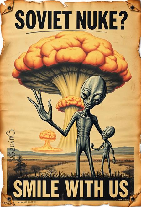 “A decayed, vintage-style poster from 1957, weathered and torn, depicting a surreal and apocalyptic scene. The faded image shows a pair of aliens—one an imposing, tall figure (the father), and the other a smaller, childlike alien (the son). The father holds the son’s hand with one hand, while making an exaggerated ‘OK’ sign with his other hand, both with unsettling, alien features. The father’s wide, mad smile radiates an eerie, otherworldly charm. In the far background, a massive nuclear mushroom cloud dominates the sky, with fiery orange fireballs at its base and visible blast waves rippling through the landscape. The poster’s bold text, ‘SOVIET NUKE?’ across the upper section and ‘SMILE WITH US’ in the lower section, is faded, smeared, and inked with scribbles and stains. The paper appears rotten, with tears, creases, and discolored edges, adding to the haunting, apocalyptic atmosphere of the piece.”