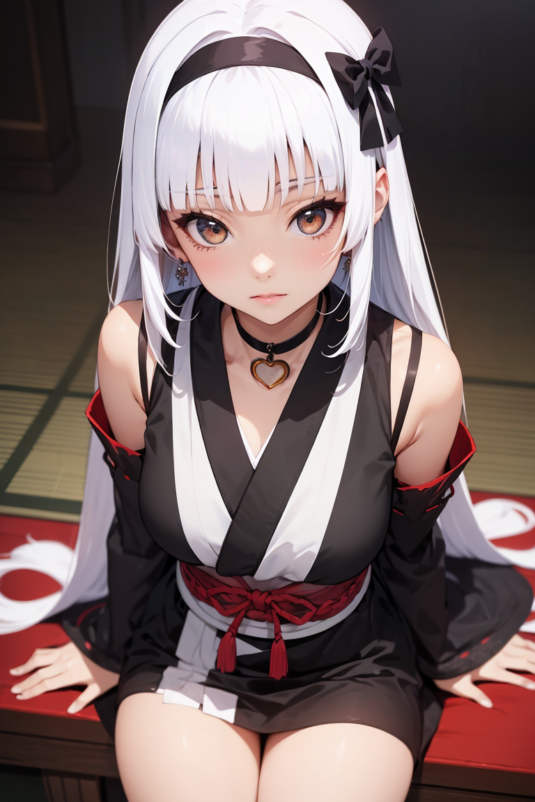 (masterpiece, best quality, ultra detailed, ultra highres), 1girl, solo, sitting, close up, from above, white hair, hime s...