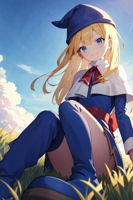 (detailed background), beautiful cg, best quality, (cinematic), witchpuyo, 1girl, blue dress, white capelet, red bow, blue headwear, sash, ahoge, blue footwear, smug, from below, looking at viewer, on ground, outdoors, field, day, blue sky, cloudy sky <lora:witchpuyopuyov5:1>