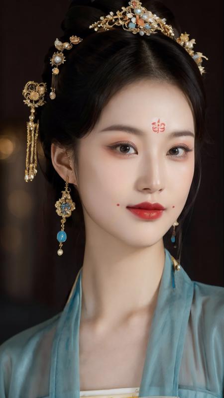 xiaoyu,(tangmakeup:1.3),(huadian:1.2),(xiehong:1.3),lipstick,fine - art photography,soft portrait shot 8 k,mid length,ultrarealistic uhd faces,unsplash,kodak ultra max 800,85 mm,intricate,centered symmetrical composition,stunning photos,masterpiece,grainy,centered composition,smile:1.2,(sharp face:1.2),
<lora:tang2:0.8>,(solo:1.2),earrings,hair ornament,hair bun,(look straight ahead:1.2),Tang Dynasty clothing,