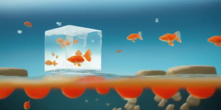 <lora:15Cube:1>levitating cube scenario: an ice cube floating in the water with goldfish inside