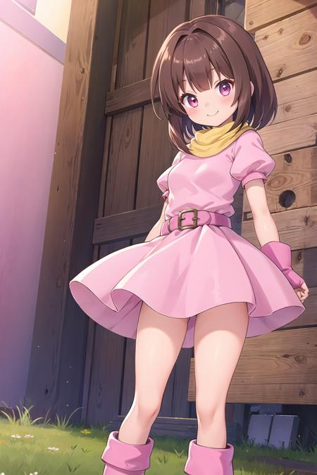 best quality, ultra-detailed, (1girl, solo, <lyco:pretty-bomber-without-helmet-v1:0.85>, pretty-bomber, brown hair, pink dress, puffy short sleeves, relaxed posture, elbows extended, standing, boots, smile), grasslands,