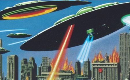 a flying saucer destroying a building with a death ray in the style marsattacks, highly detailed