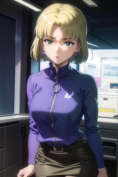 ritsukoakagi, <lyco:ritsuko akagi rebuild-lyco-nochekaiser:1>,
ritsuko akagi, short hair, blonde hair, mole, mole under eye, (parted bangs:1.5), (green eyes:1.5),
BREAK lipstick, skirt, jewelry, pantyhose, earrings, belt, pencil skirt, labcoat, shirt, purple shirt, turtleneck, zipper,
BREAK indoors, laboratory,
BREAK looking at viewer, (cowboy shot:1.5),
BREAK <lyco:GoodHands-beta2:1>, (masterpiece:1.2), best quality, high resolution, unity 8k wallpaper, (illustration:0.8), (beautiful detailed eyes:1.6), extremely detailed face, perfect lighting, extremely detailed CG, (perfect hands, perfect anatomy),