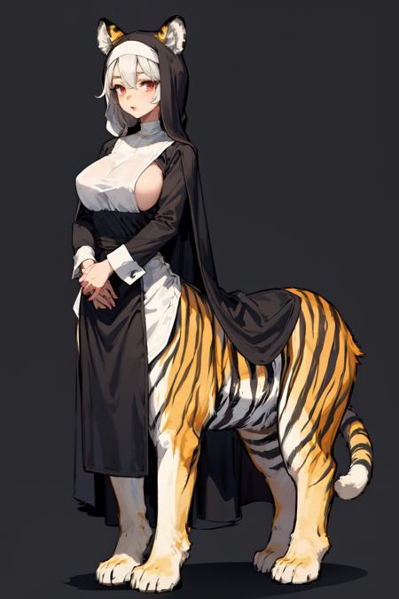 1girl, white hair, red eyes, forehead, centaur, tiger print ,taur, tiger ears, lips, mature female, nun, veil, large breasts , looking at viewer, full body,  simple background,