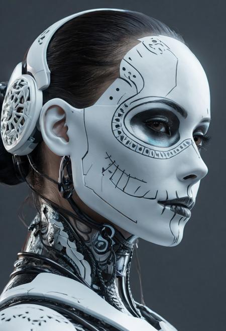 ultra detailed side portrait of female android, beautiful attractive latina woman with white skine, (dia de los muertos), face is decorated with intrincate catrina patterns, female cyberpunk android, very white skine, intrincate robot body, very intrincate skull decoration, catrina, sharp focus, sci - fi, fantasy, octane render, unreal engine, trending on artstation, 8k texture, rich texture details, extremely detailed, ultra high quality model, dramatic light, ray tracing