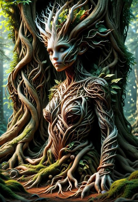 create an image with this prompt.   Create a hyper-realistic scene of a stunningly beautiful female dryad living in a redwood tree,  in 8K resolution with intricate, lifelike textures and fine details. The composition is rendered with photorealistic quality, using advanced lighting, shadows, and reflections to emphasize realism. Every element, from the subject to the background, is crafted with meticulous attention to detail, capturing natural depth, accurate proportions, and true-to-life materials. The atmosphere is immersive and visually arresting, highlighting realistic textures, subtle nuances, and dynamic elements like natural light or motion. The overall effect should feel stunningly lifelike, evoking realism in every aspect.Unreal Engine, photorealistic, hyperrealistic, and visually arresting. Rendered in 8K, hyperrealistic, with fine intricate details.