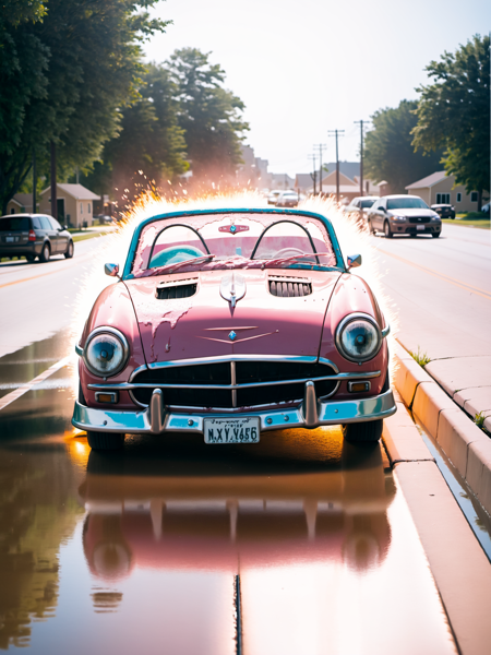 Weird Cars Concept, american style boat car, minnesota license plate, a small pink and silver car parked on the side of the road, extreme light and shadow, post apocalyptic, insane detail, absurdres, knives on the wheels, splatter spray painted detail, rusted, old, thunderstorm, water flooded, flooding, people surfing waves, extreme light and shadow, hurricane, horror story, anime, flat color, lightning bolts, things are on fire, the car is on fire, the car is floating,  <lora:Euro_carsSDXL:1>