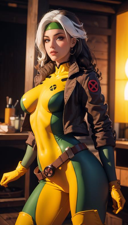 CARTOON_X_MENs_Rogue,ownwaifu,
long hair,breasts,brown hair,green eyes,lipstick,makeup,lips,white hair,two-tone hair,headband,wavy hair,large breasts,messy hair,curly hair,big_hair,
yellow bodysuit,jacket,gloves,belt,yellow gloves,green bodysuit,bodysuit,multicolored bodysuit,superhero, skin tight,multicolored clothes, <lora:CARTOON_X_MEN90s_Rogue-15:1>
official art,extremely detailed CG unity 8k wallpaper, perfect lighting,Colorful, Bright_Front_face_Lighting,shiny skin, (masterpiece:1.0),(best_quality:1.0), ultra high res,4K,ultra-detailed, photography, 8K, HDR, highres, (absurdres:1.2), Kodak portra 400, film grain, blurry background, (bokeh:1.2), lens flare, (vibrant_color:1.2),professional photograph, (beautiful_face:1.5),