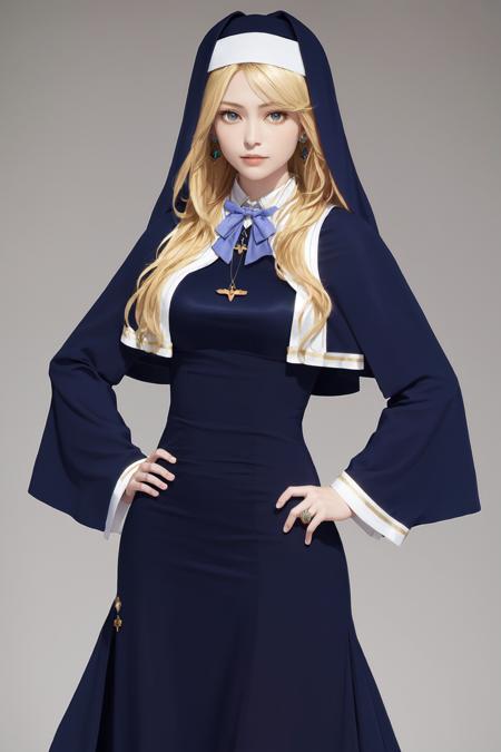 1girl sharon holygrail nun capelet blue dress long sleeves long skirt blue skirt necklace earrings purple bowtie